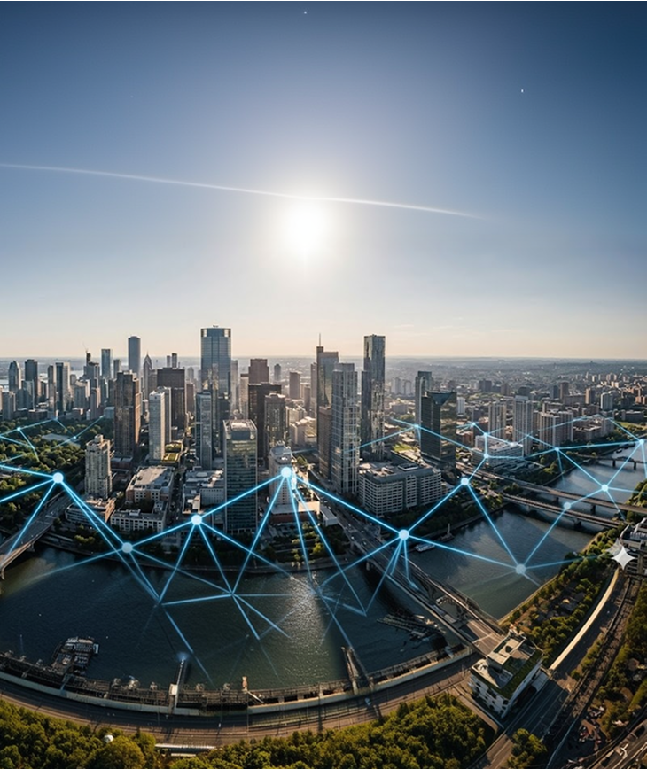 Connected city skyline representing Interia Technologies