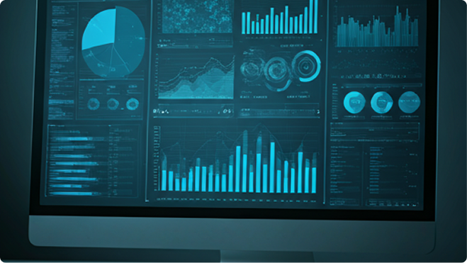 AI system dashboard with charts, graphs, and analytics visualizations