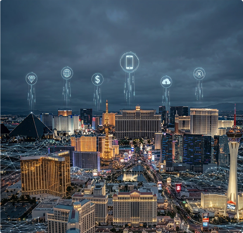 Las Vegas skyline with technology icons